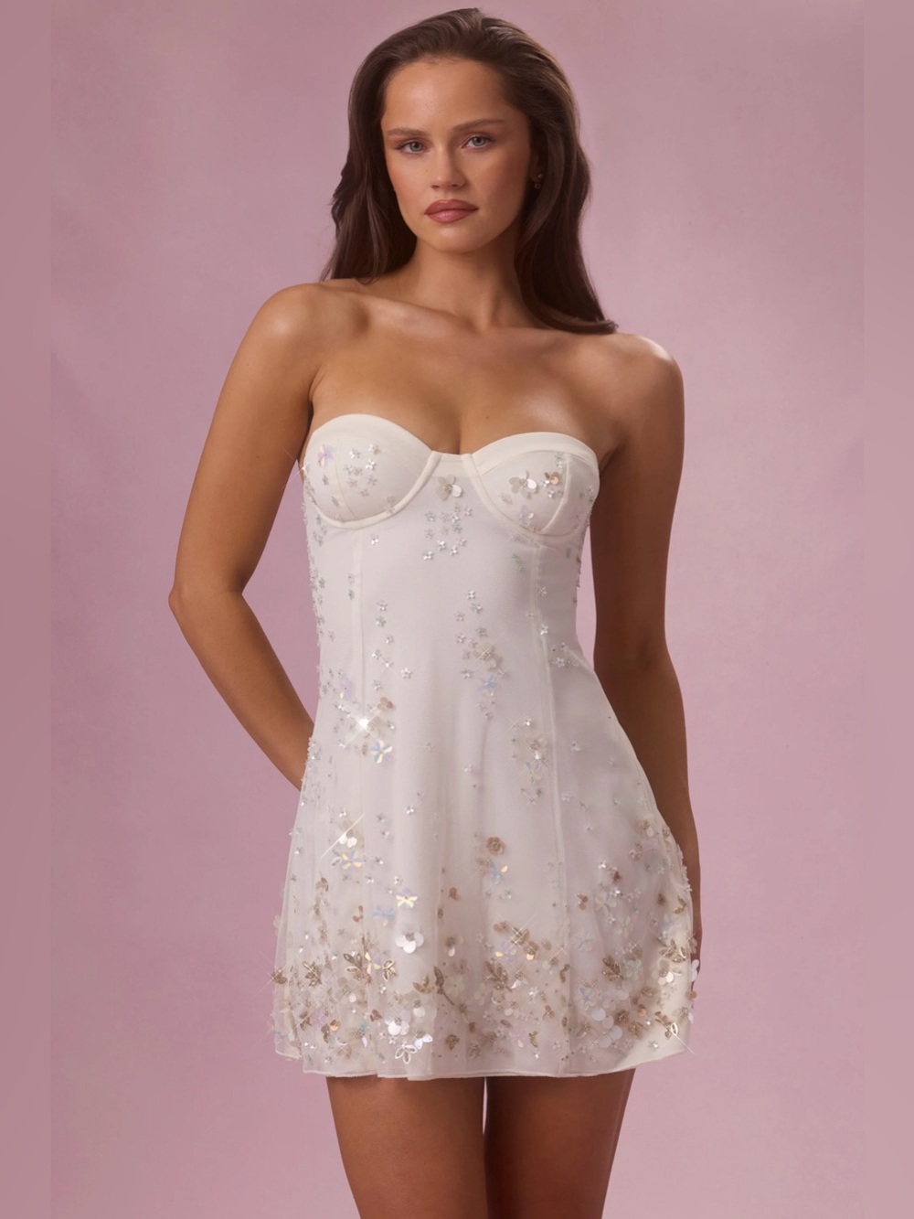 Oh Polly Strapless Sequin Floral Chemise - White